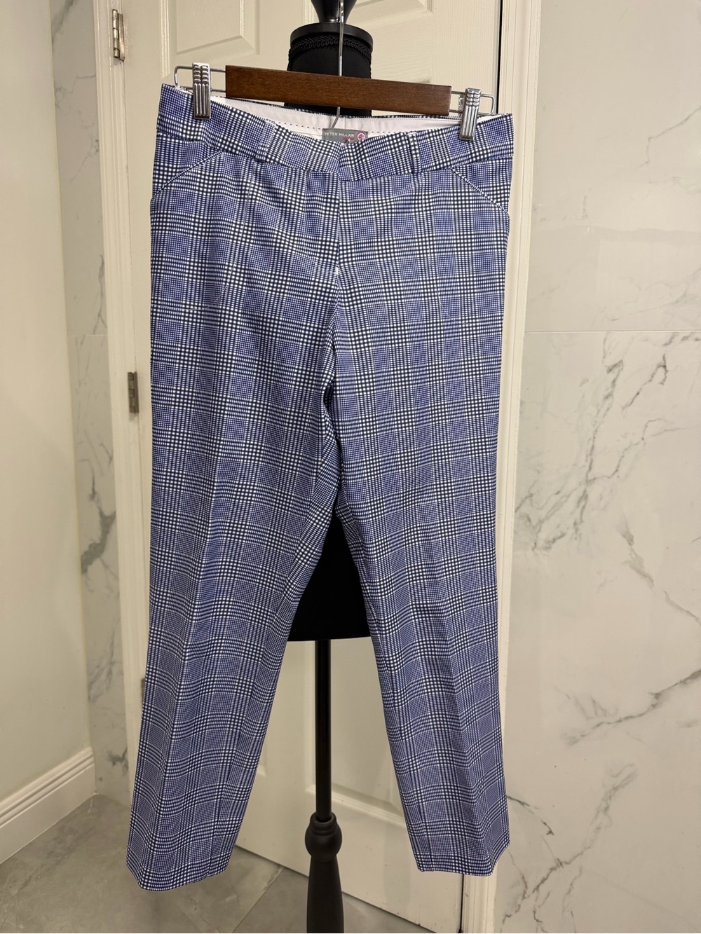 Peter Millar Womens wicking golf pants size 6 Blue and White Glen Plaid .